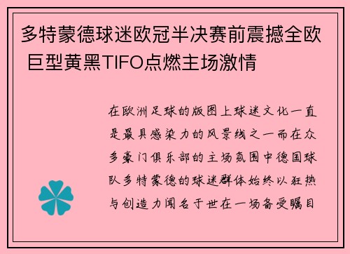 多特蒙德球迷欧冠半决赛前震撼全欧 巨型黄黑TIFO点燃主场激情 多特蒙德球迷欧冠半决赛前震撼全欧 巨型黄黑TIFO点燃主场激情